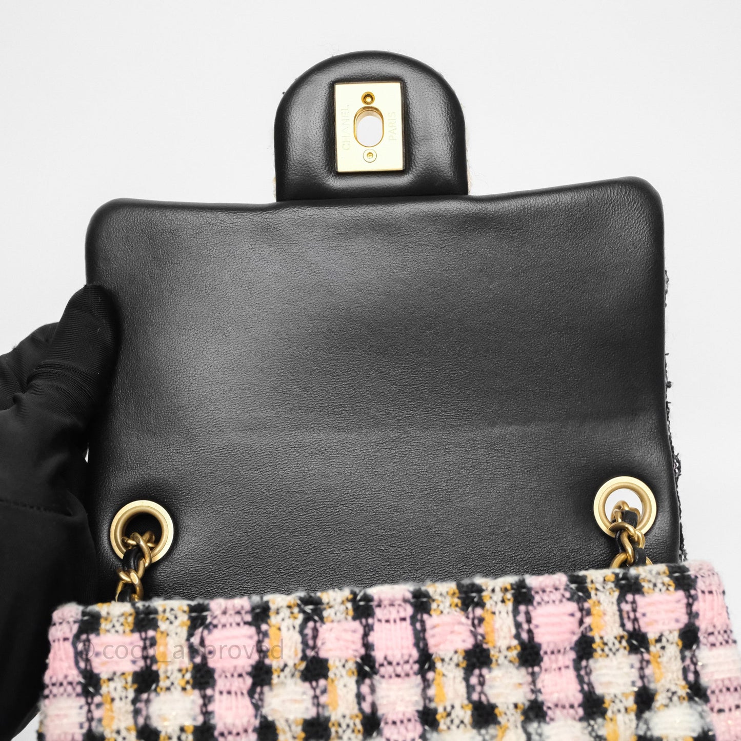 Chanel Pearl Crush Mini Square Pink/ White/ Black Tweed Aged Gold Hardware