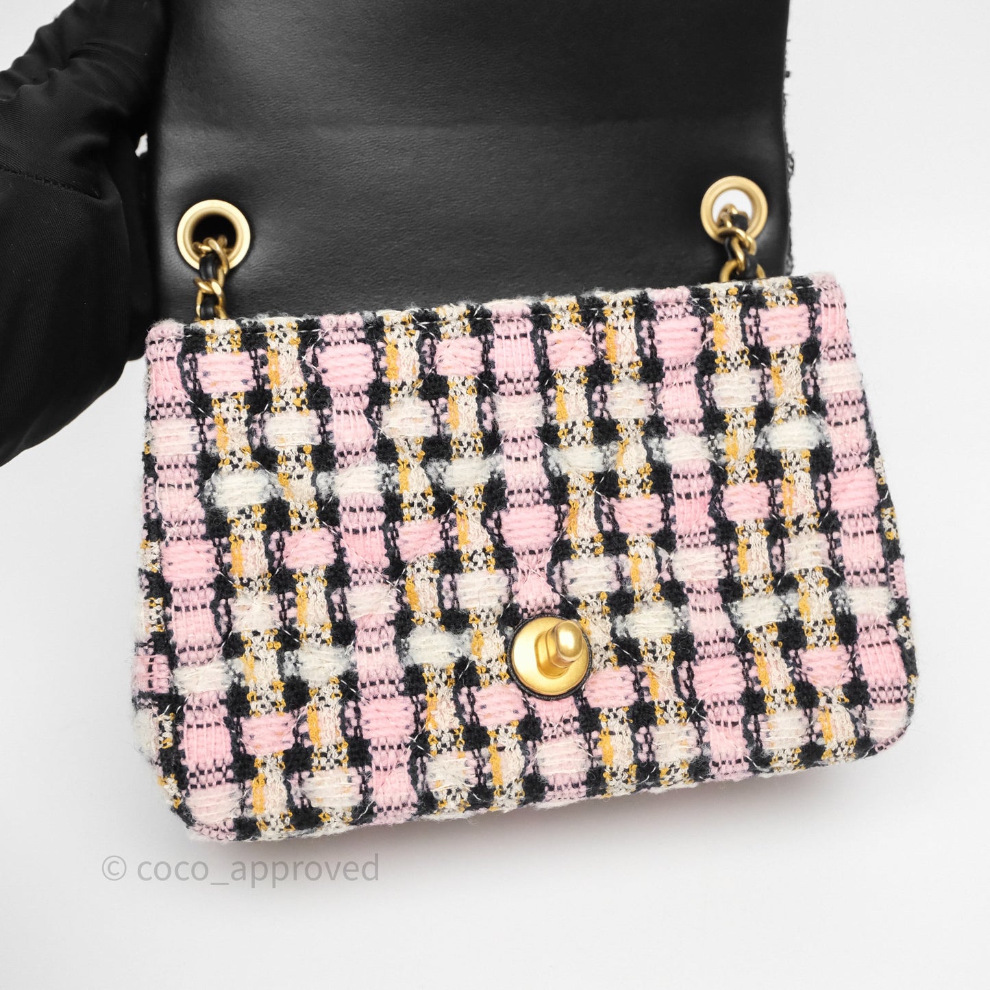 Chanel Pearl Crush Mini Square Pink/ White/ Black Tweed Aged Gold Hardware