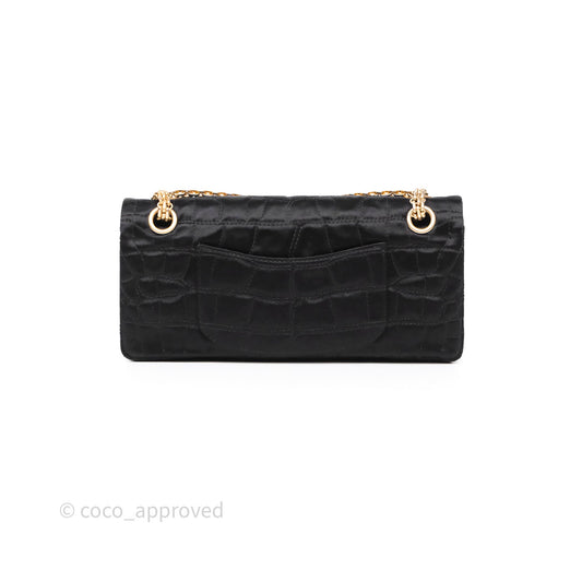 Chanel 2.55 Reissue East West Double Flap Black Satin Croc Aged Gold Hardware