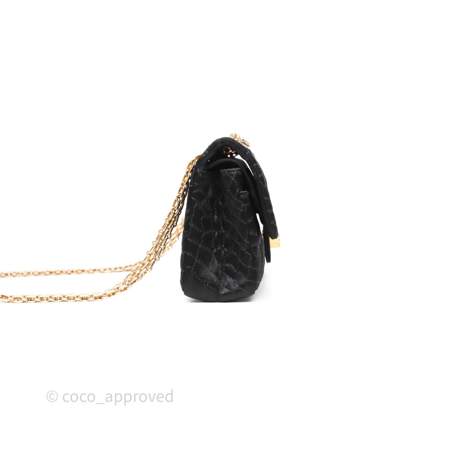 Chanel 2.55 Reissue East West Double Flap Black Satin Croc Aged Gold Hardware