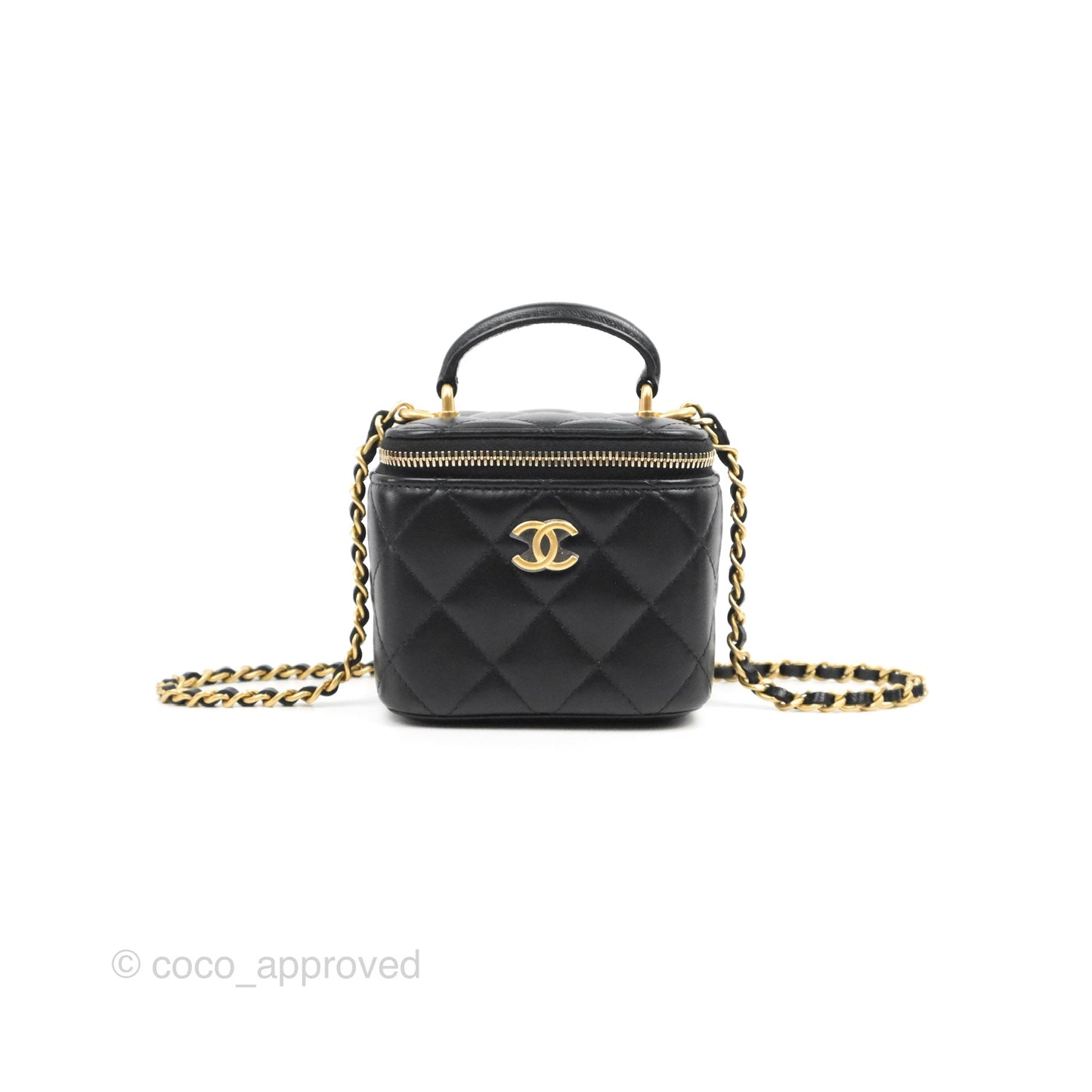 Chanel Mini Top Handle Vanity With Chain Black Lambskin Aged Gold Hardware