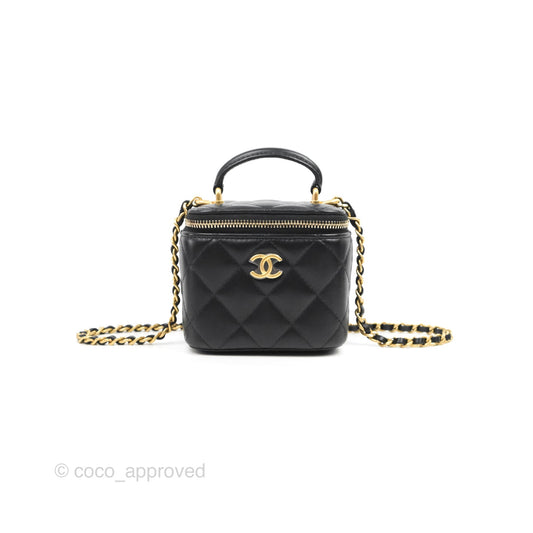 Chanel Mini Top Handle Vanity With Chain Black Lambskin Aged Gold Hardware