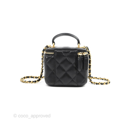 Chanel Mini Top Handle Vanity With Chain Black Lambskin Aged Gold Hardware
