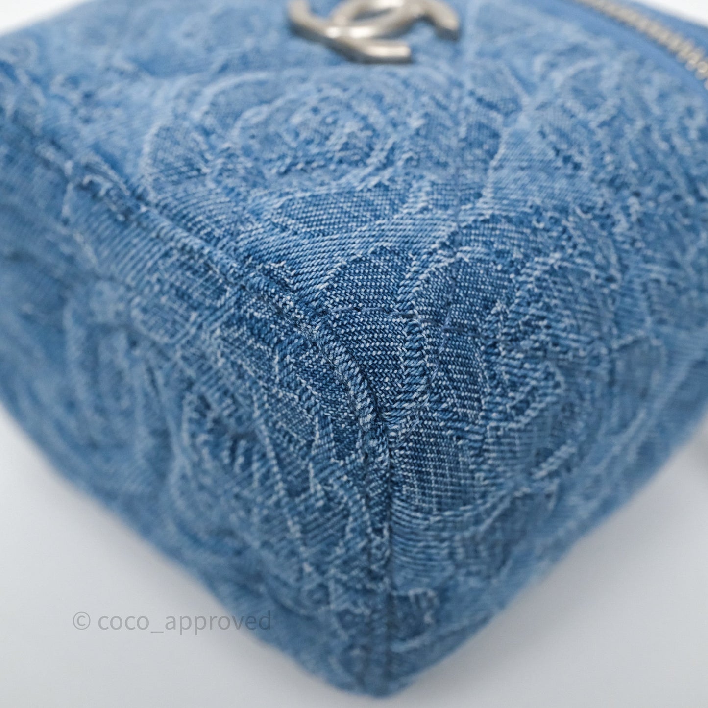 Chanel Mini Vanity Heart Adjustable Chain Camellia Denim Aged Silver Hardware