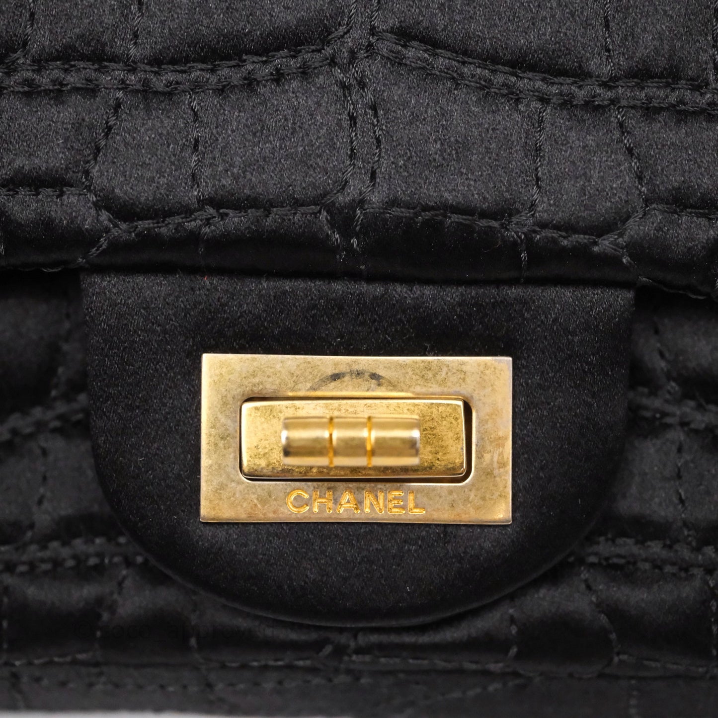 Chanel 2.55 Reissue East West Double Flap Black Satin Croc Aged Gold Hardware