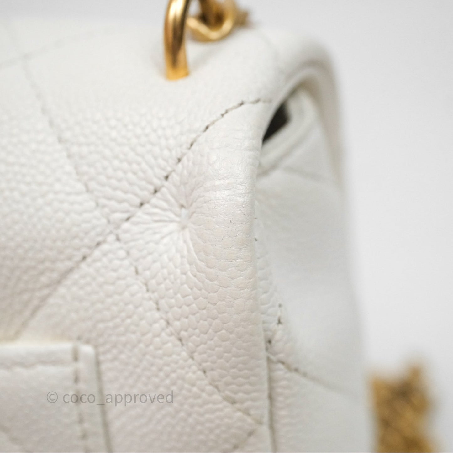 Chanel Mini Flap Bag Heart Adjustable Chain White Caviar Aged Gold Hardware