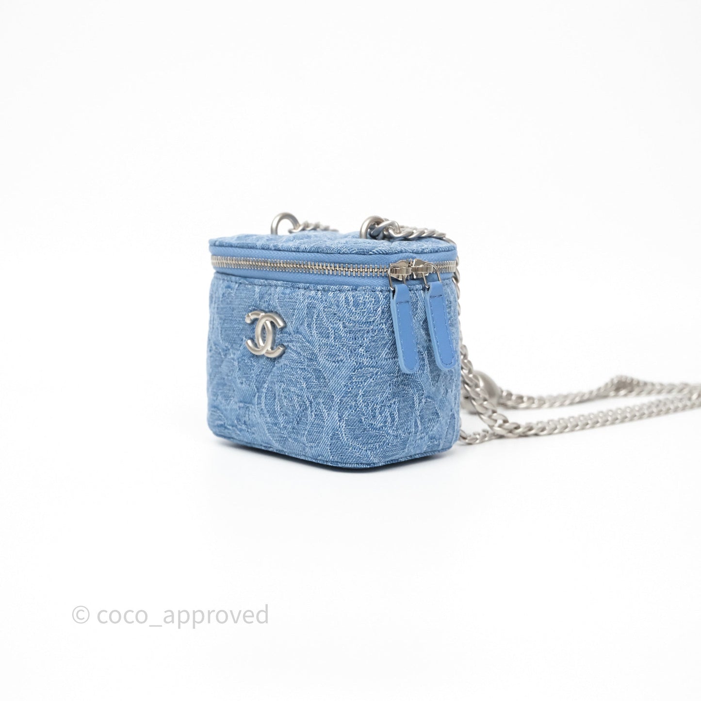 Chanel Mini Vanity Heart Adjustable Chain Camellia Denim Aged Silver Hardware