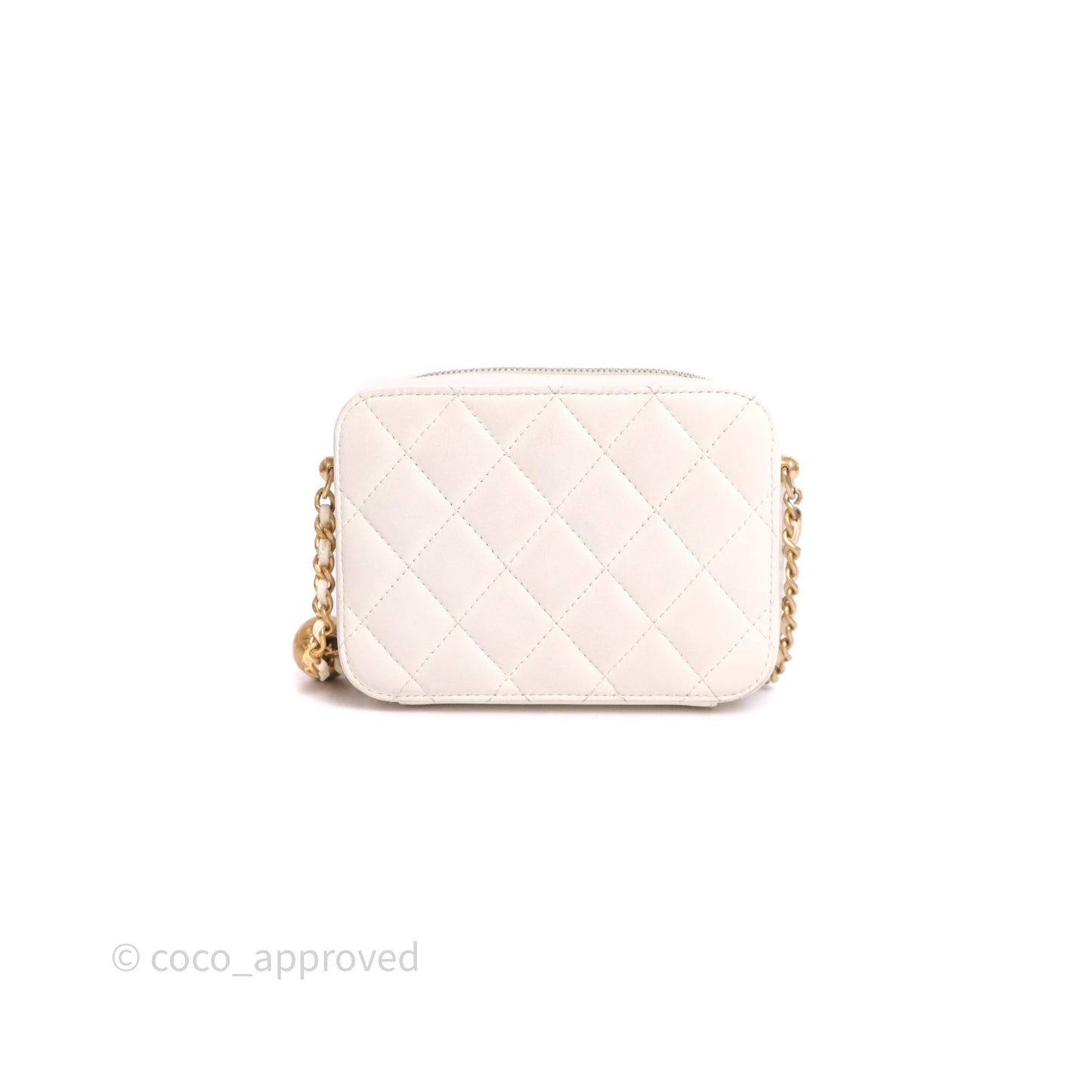 Chanel Quilted CC Pearl Crush Camera Case White Lambskin Gold Hardware