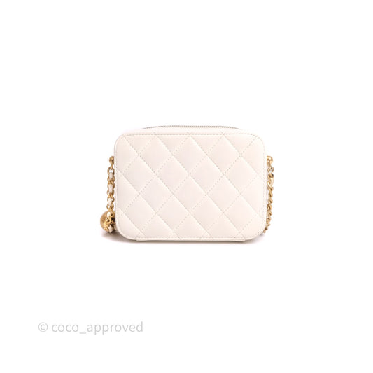 Chanel Quilted CC Pearl Crush Camera Case White Lambskin Gold Hardware