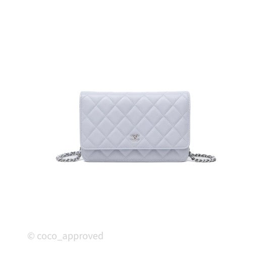 Chanel Quilted Classic Wallet on Chain WOC Light Blue Caviar Silver Hardware