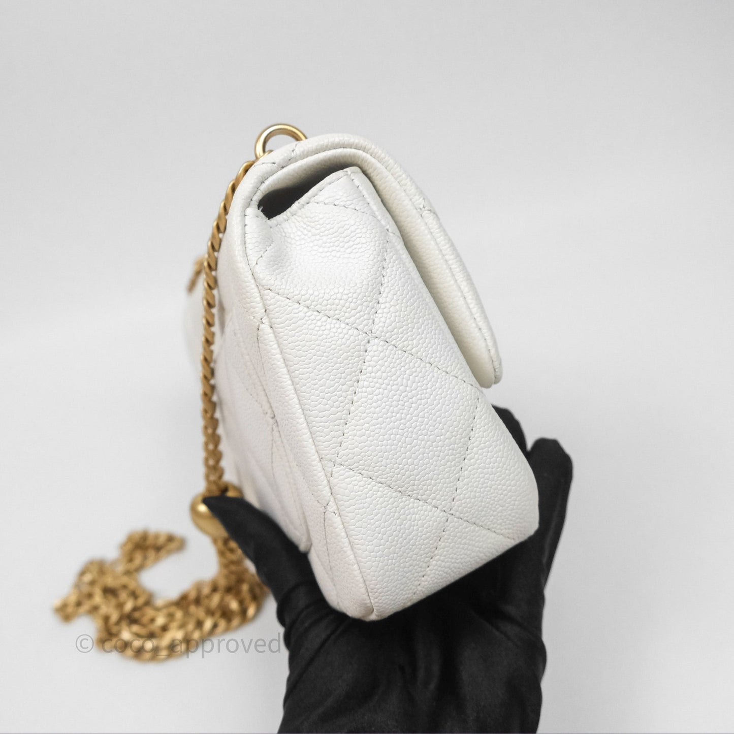 Chanel Mini Flap Bag Heart Adjustable Chain White Caviar Aged Gold Hardware