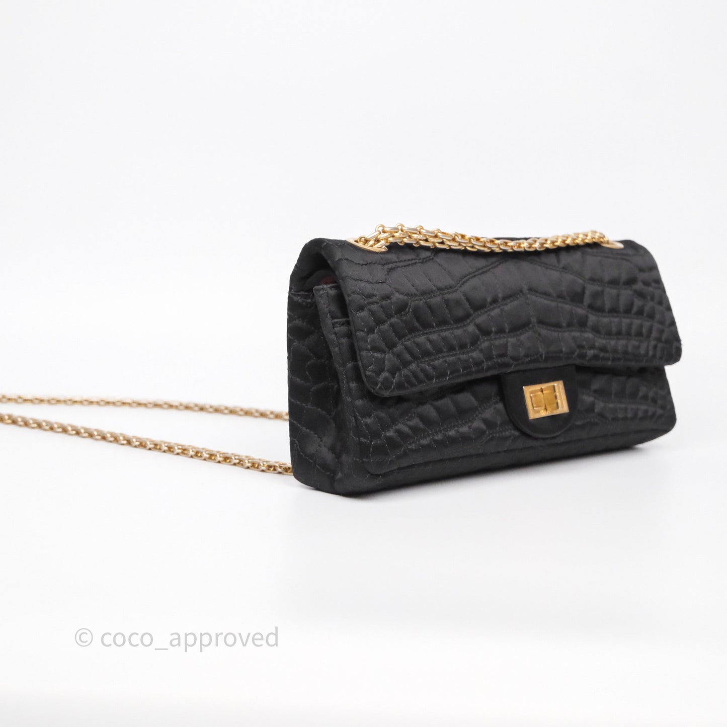 Chanel 2.55 Reissue East West Double Flap Black Satin Croc Aged Gold Hardware