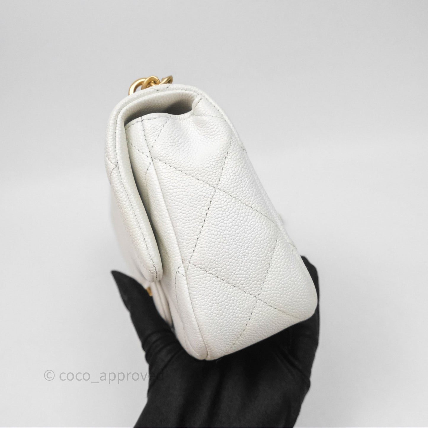 Chanel Mini Flap Bag Heart Adjustable Chain White Caviar Aged Gold Hardware
