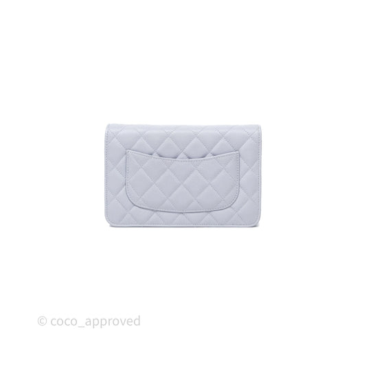 Chanel Quilted Classic Wallet on Chain WOC Light Blue Caviar Silver Hardware