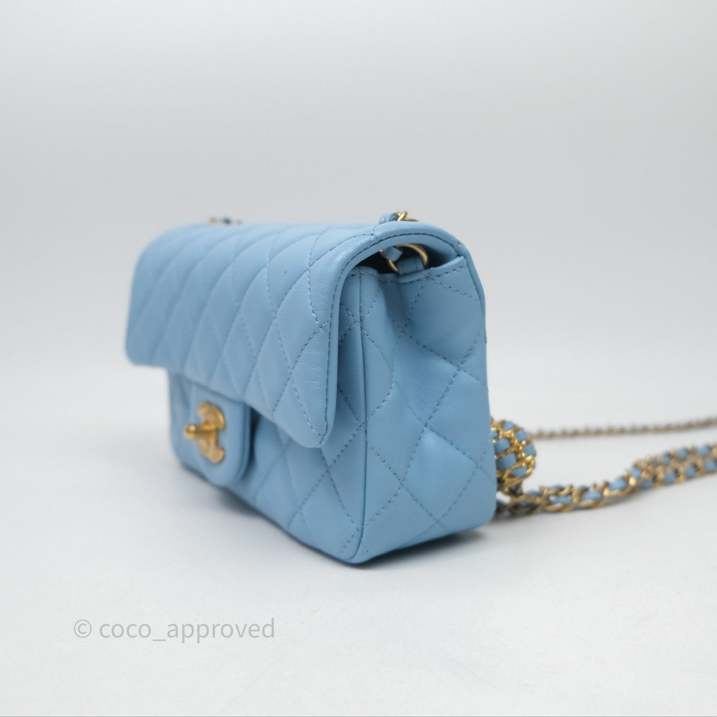 Chanel Mini Rectangular Pearl Crush Quilted Blue Lambskin Aged Gold Hardware