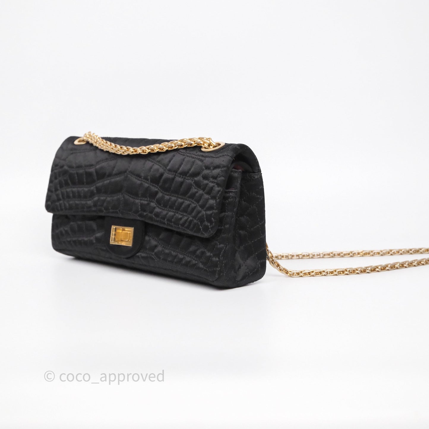 Chanel 2.55 Reissue East West Double Flap Black Satin Croc Aged Gold Hardware