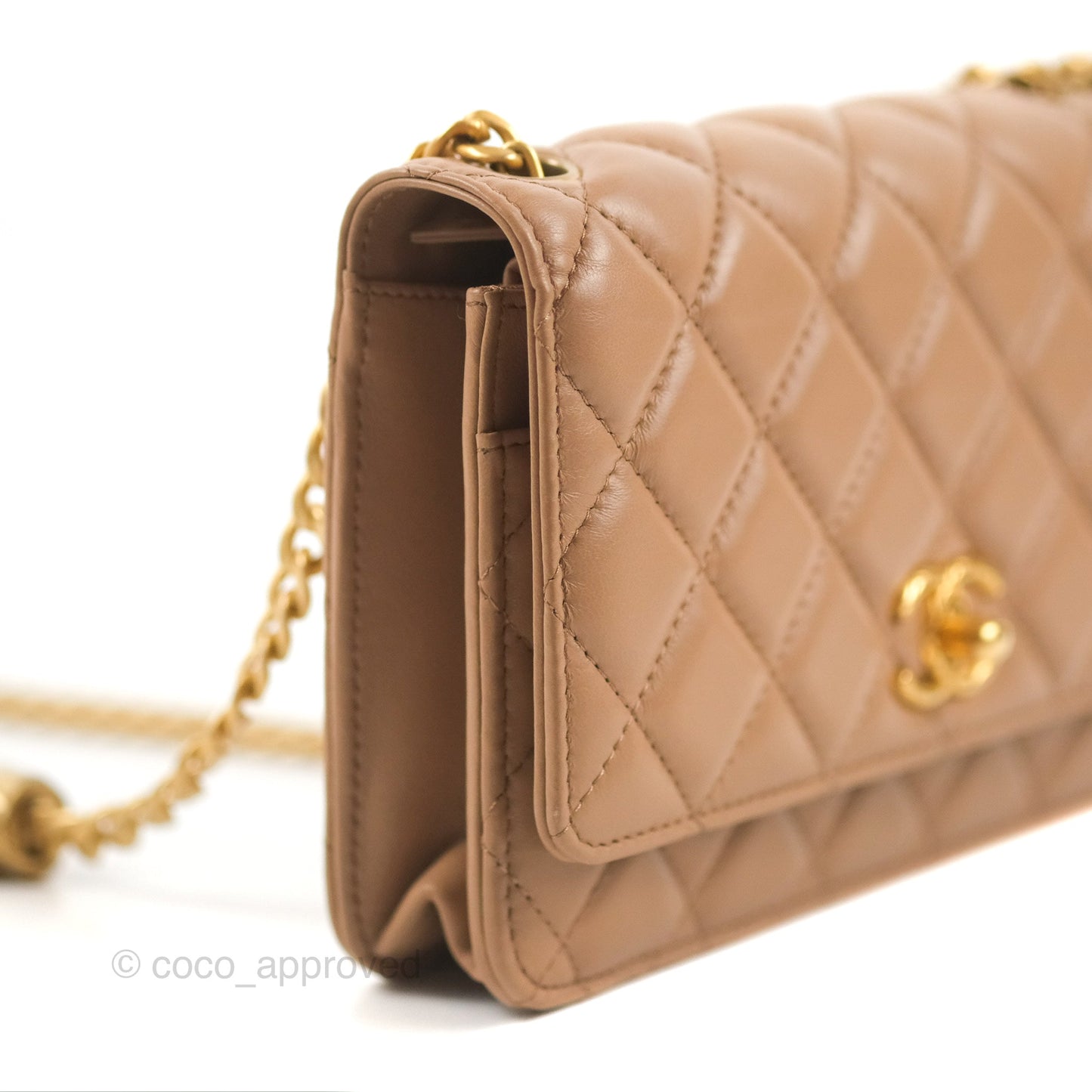 Chanel Quilted Wallet on Chain WOC Adjustable Chain Beige Lambskin Aged Gold Hardware 22K