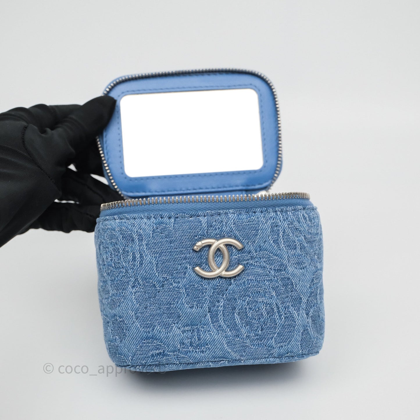 Chanel Mini Vanity Heart Adjustable Chain Camellia Denim Aged Silver Hardware