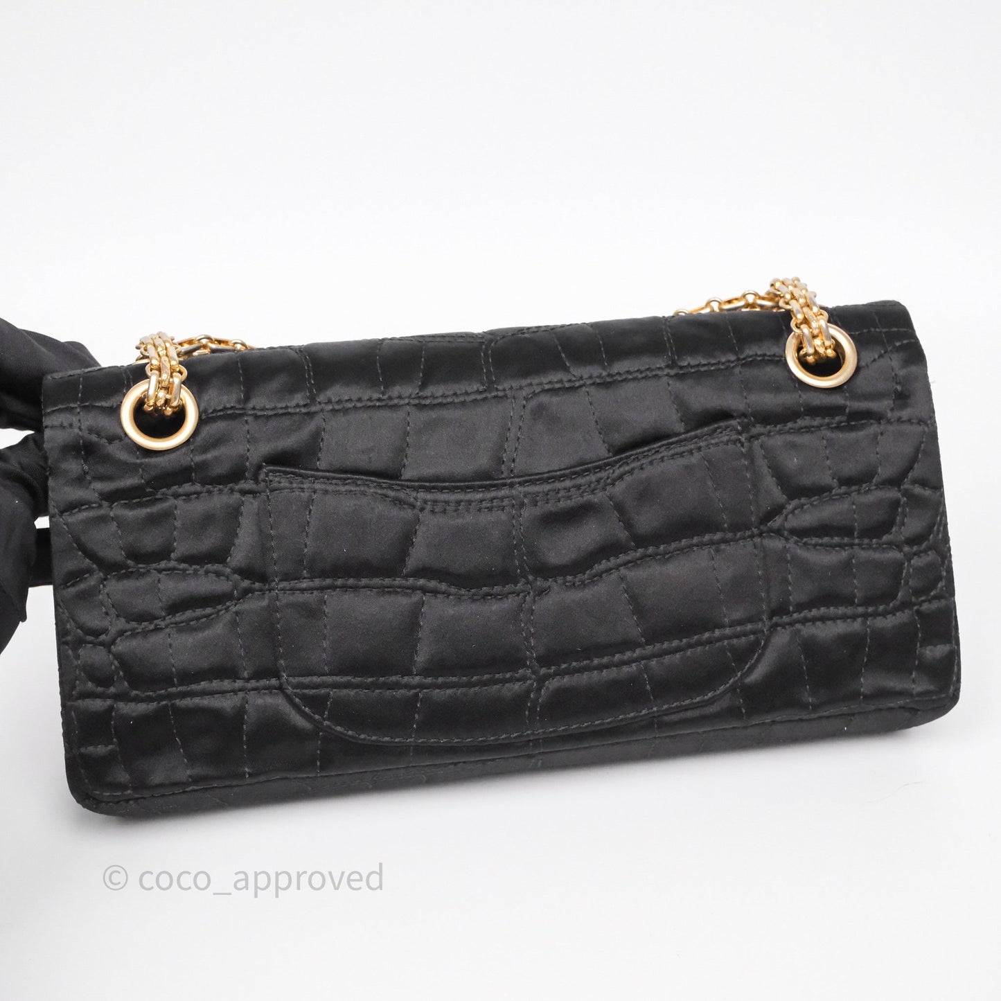 Chanel 2.55 Reissue East West Double Flap Black Satin Croc Aged Gold Hardware