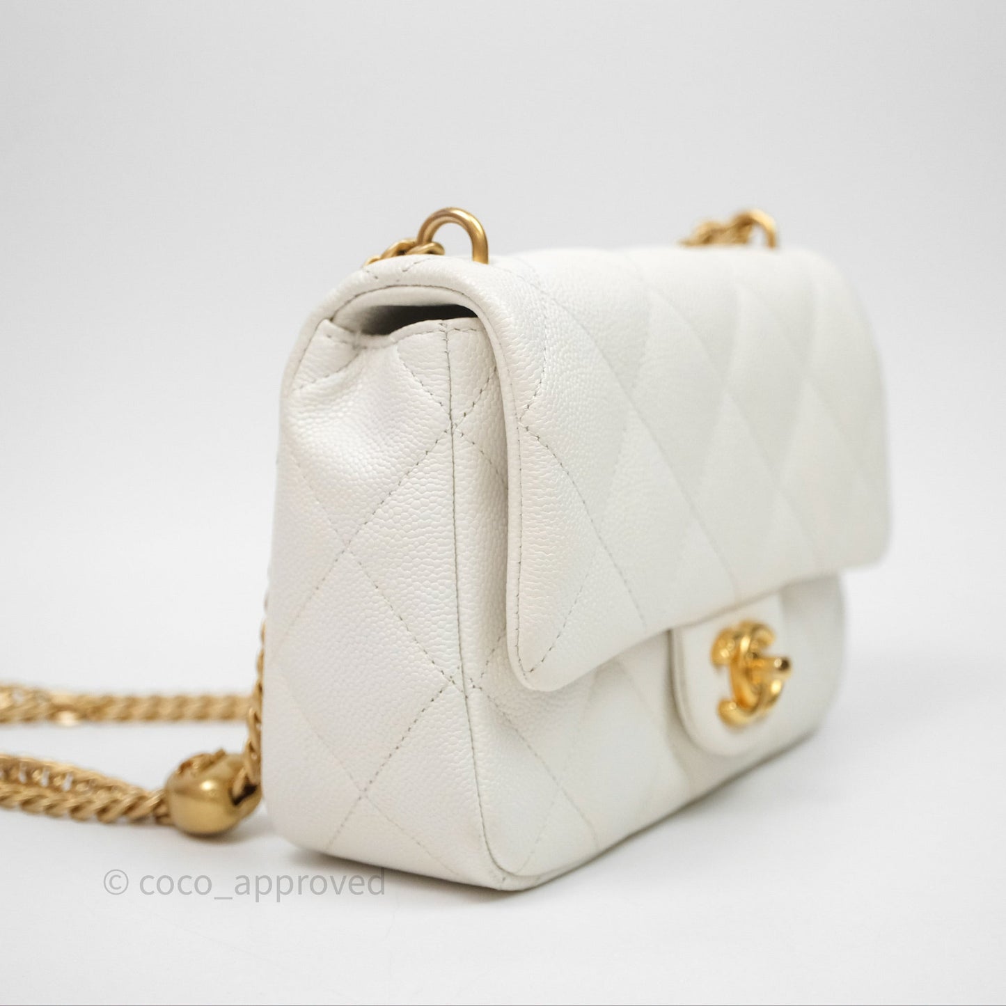 Chanel Mini Flap Bag Heart Adjustable Chain White Caviar Aged Gold Hardware