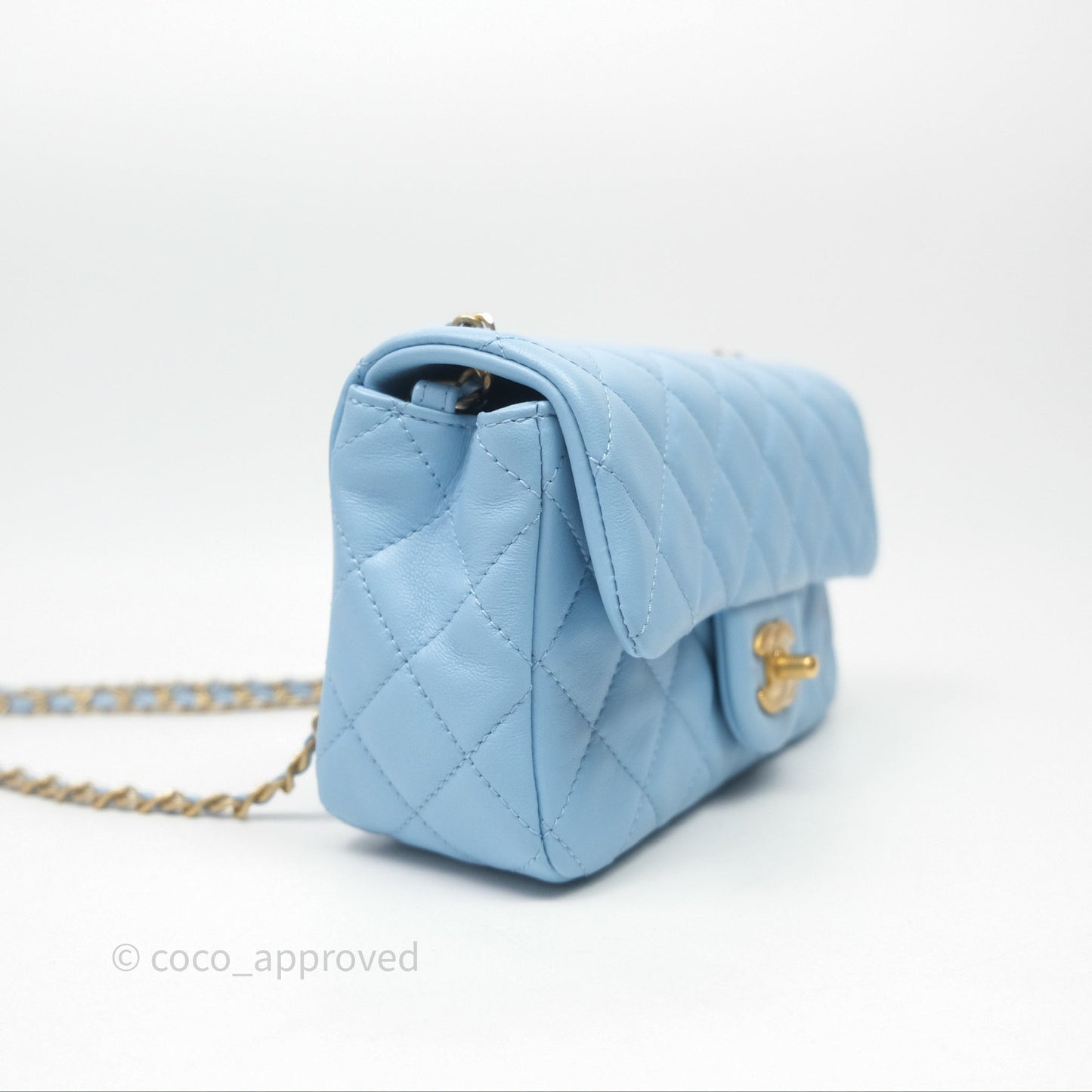 Chanel Mini Rectangular Pearl Crush Quilted Blue Lambskin Aged Gold Hardware