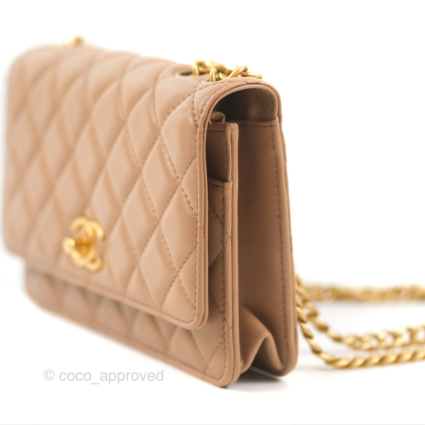 Chanel Quilted Wallet on Chain WOC Adjustable Chain Beige Lambskin Aged Gold Hardware 22K