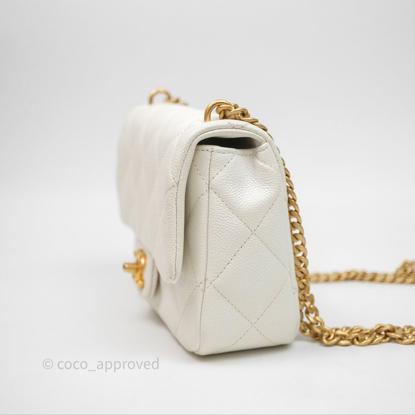 Chanel Mini Flap Bag Heart Adjustable Chain White Caviar Aged Gold Hardware