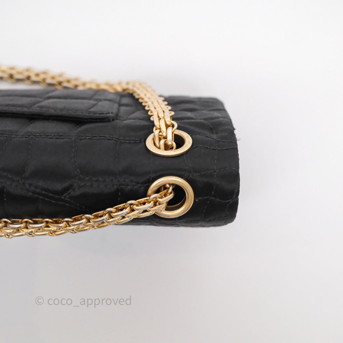 Chanel 2.55 Reissue East West Double Flap Black Satin Croc Aged Gold Hardware