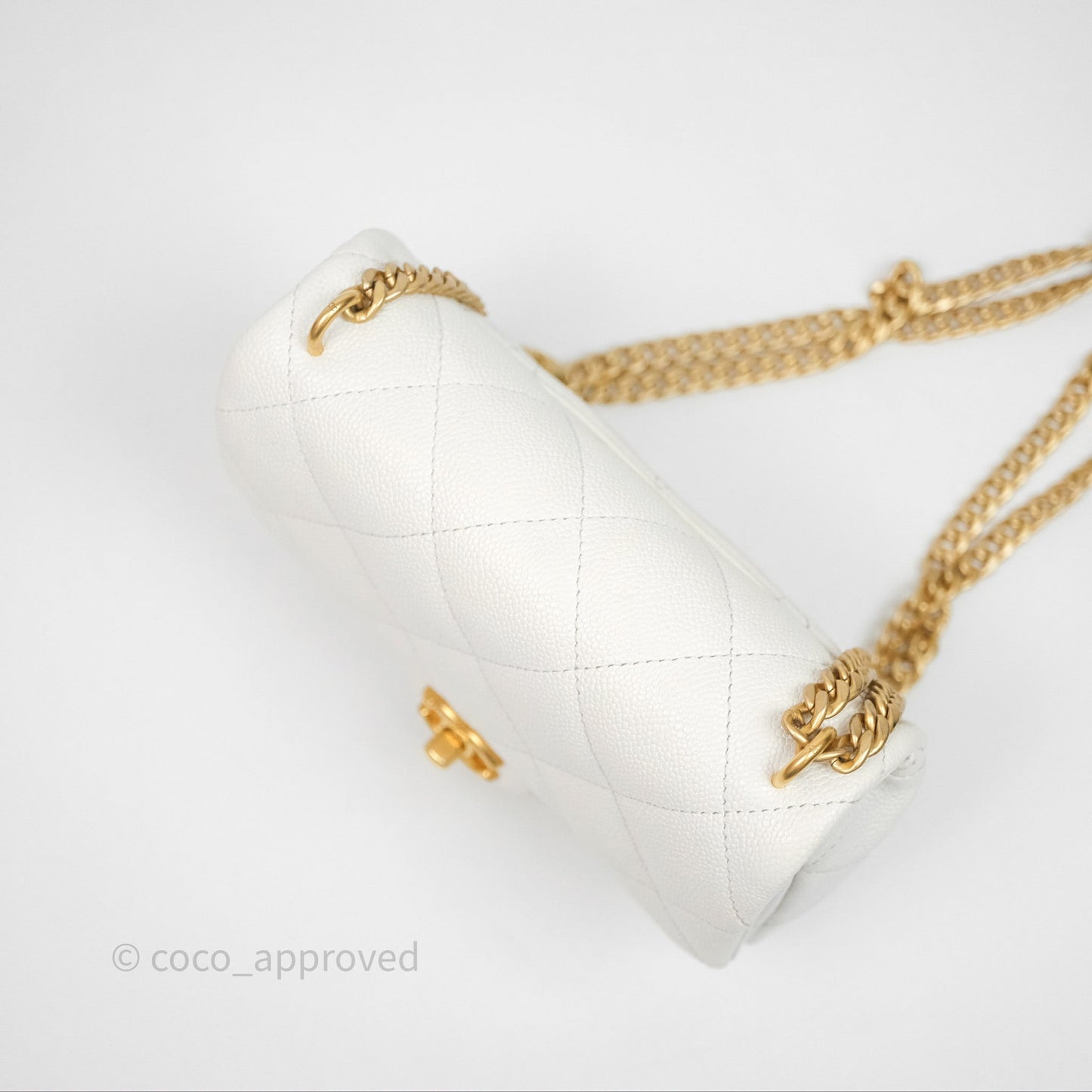 Chanel Mini Flap Bag Heart Adjustable Chain White Caviar Aged Gold Hardware