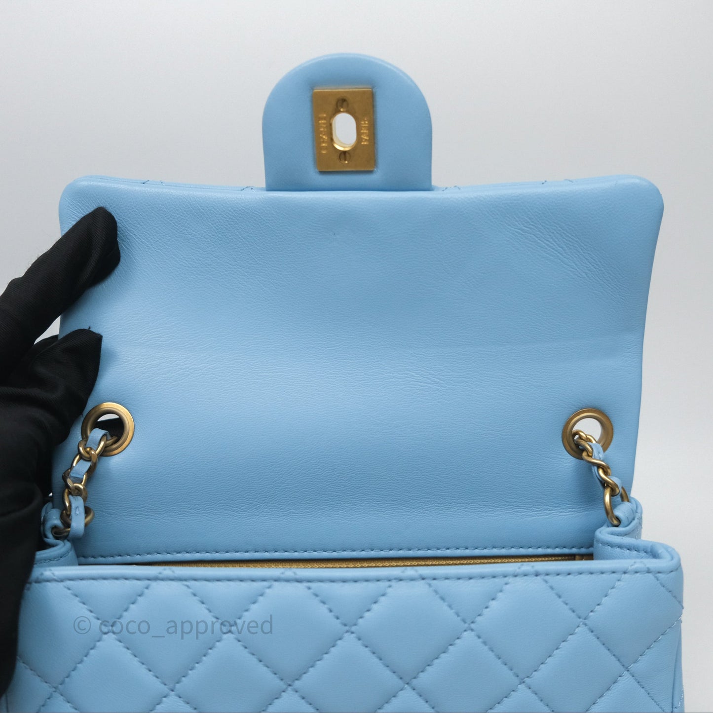 Chanel Mini Rectangular Pearl Crush Quilted Blue Lambskin Aged Gold Hardware