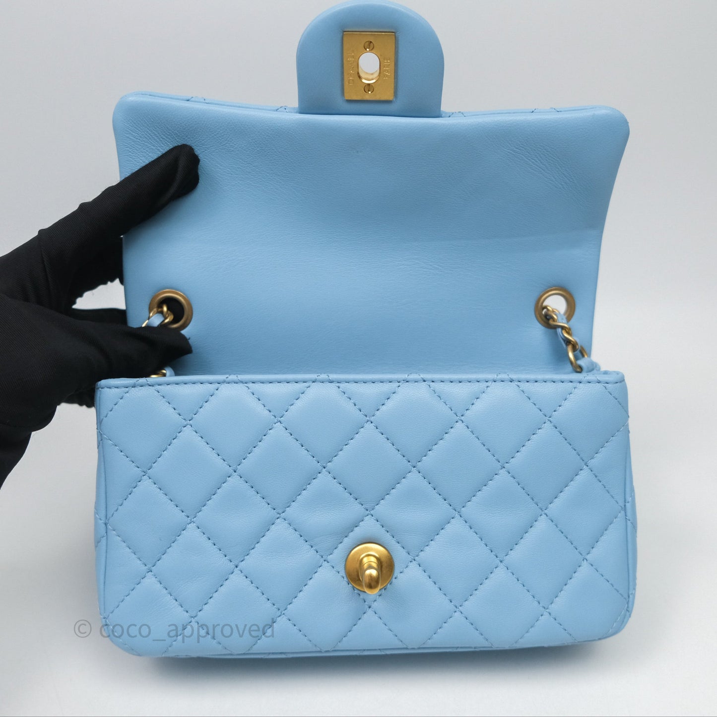 Chanel Mini Rectangular Pearl Crush Quilted Blue Lambskin Aged Gold Hardware