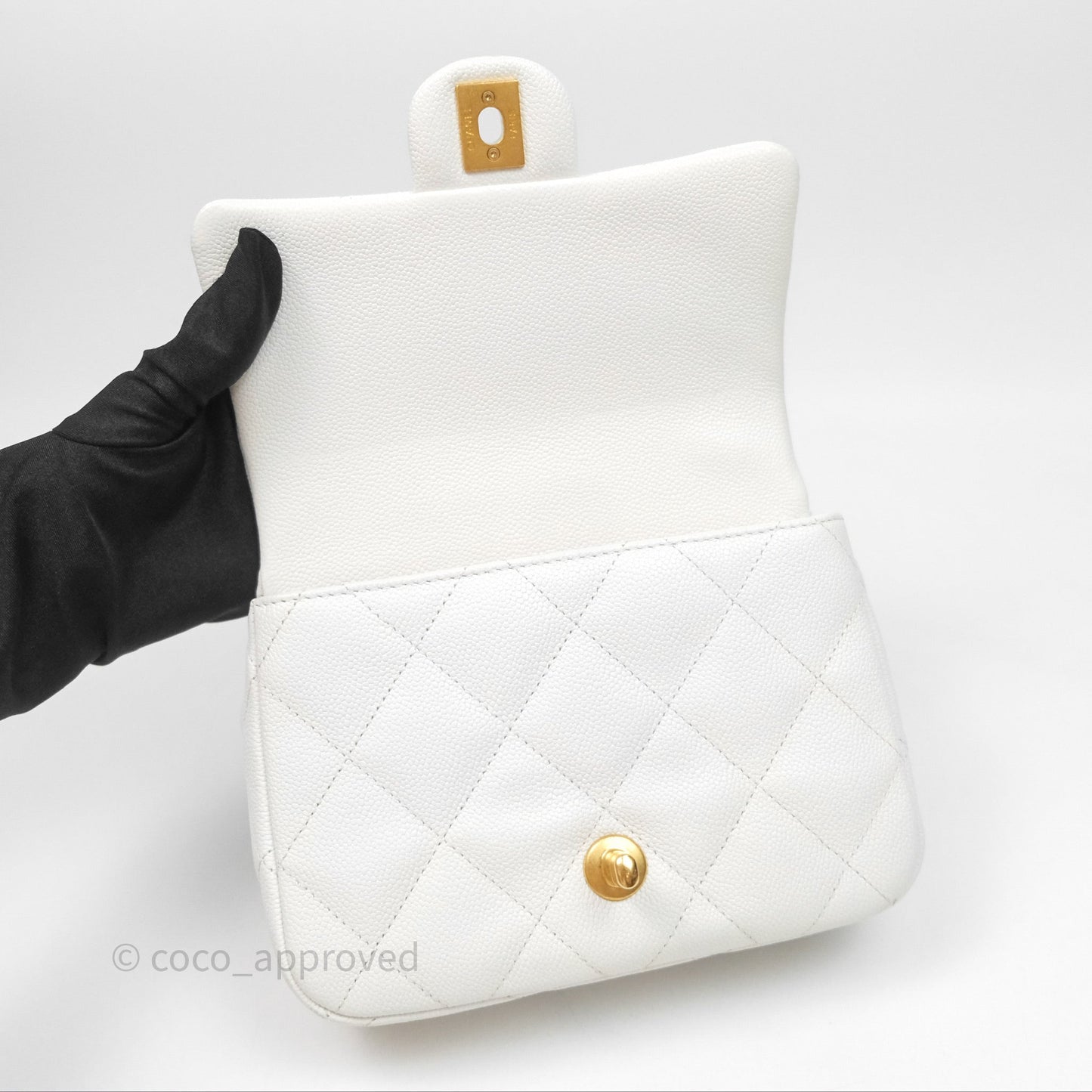 Chanel Mini Flap Bag Heart Adjustable Chain White Caviar Aged Gold Hardware