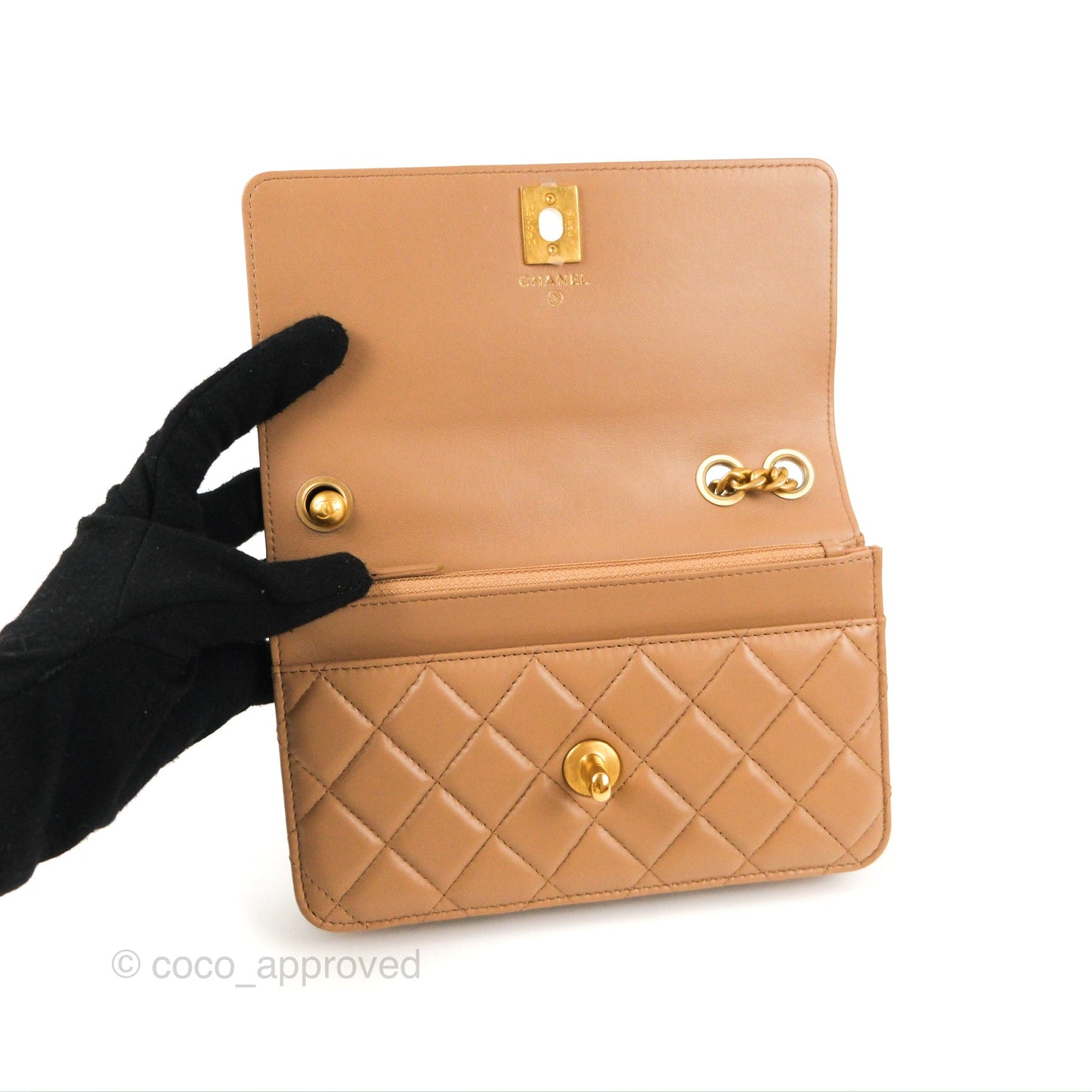 Chanel Quilted Wallet on Chain WOC Adjustable Chain Beige Lambskin Aged Gold Hardware 22K
