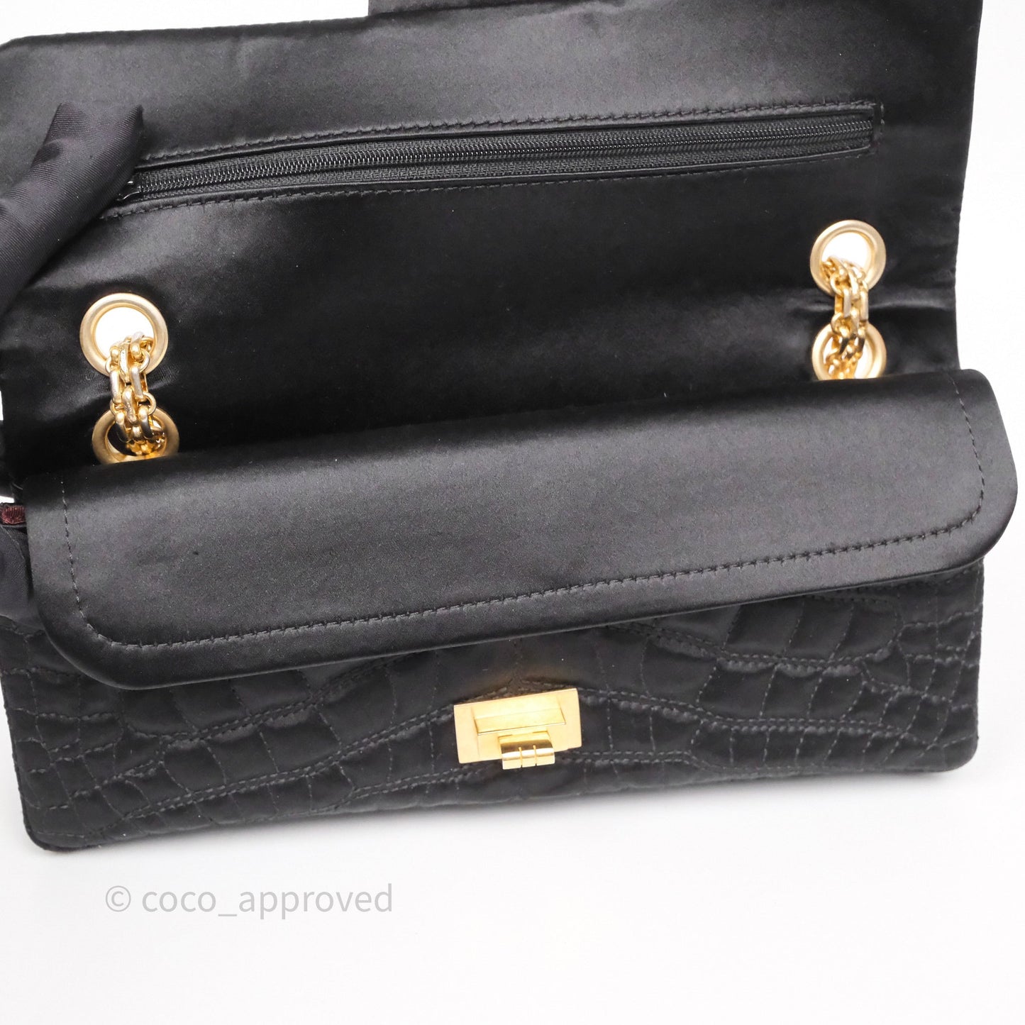 Chanel 2.55 Reissue East West Double Flap Black Satin Croc Aged Gold Hardware