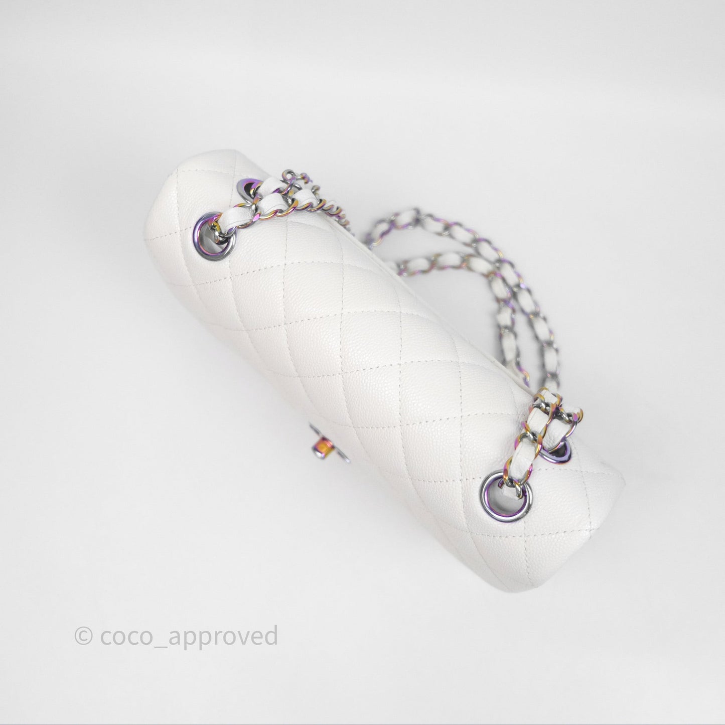 Chanel Mini Flap Bag Heart Adjustable Chain White Caviar Aged Gold Hardware