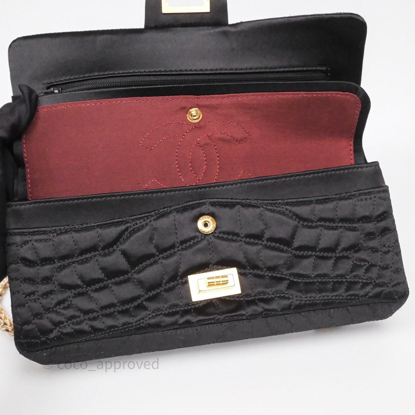 Chanel 2.55 Reissue East West Double Flap Black Satin Croc Aged Gold Hardware