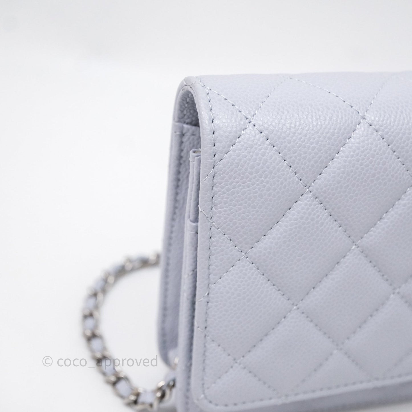 Chanel Quilted Classic Wallet on Chain WOC Light Blue Caviar Silver Hardware