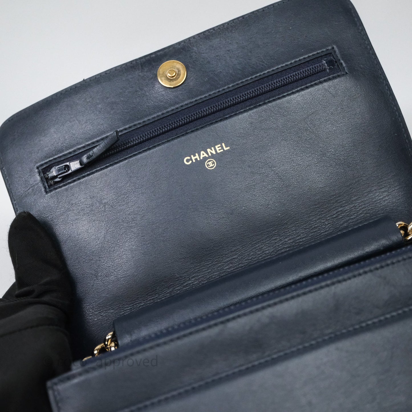 Chanel Boy Wallet on Chain Navy Caviar Light Gold Hardware