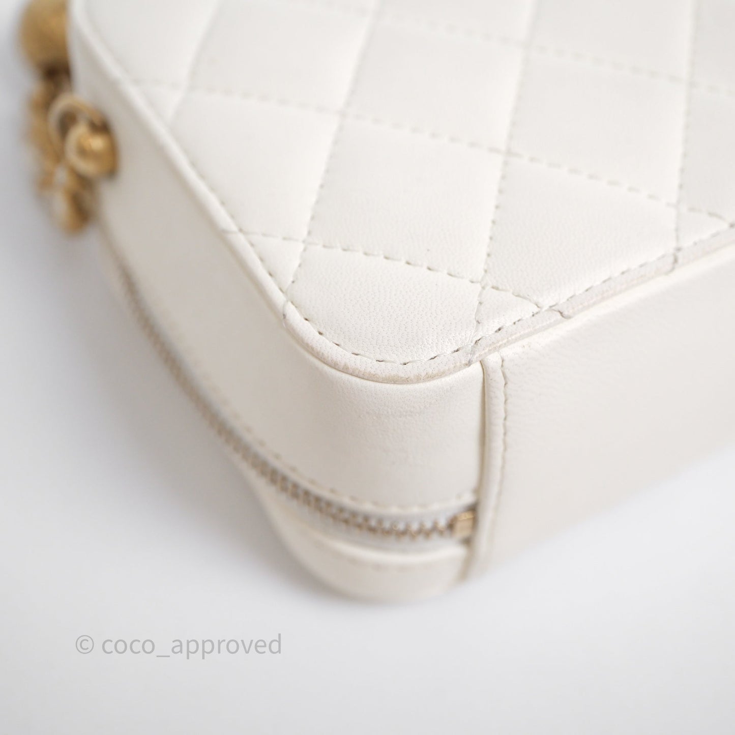 Chanel Quilted CC Pearl Crush Camera Case White Lambskin Gold Hardware