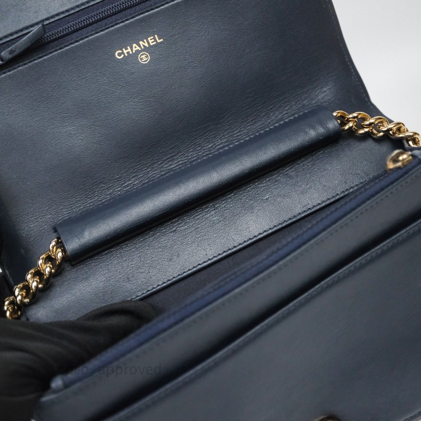 Chanel Boy Wallet on Chain Navy Caviar Light Gold Hardware