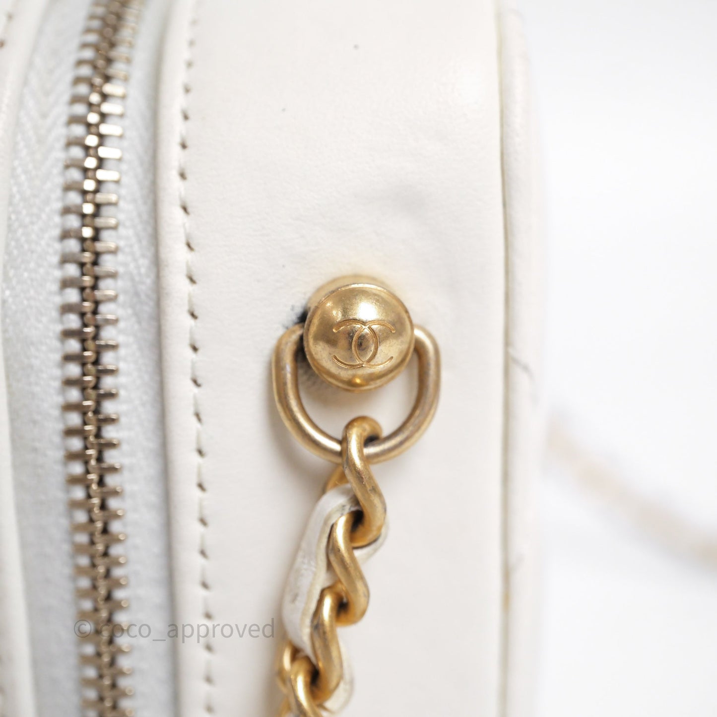 Chanel Quilted CC Pearl Crush Camera Case White Lambskin Gold Hardware
