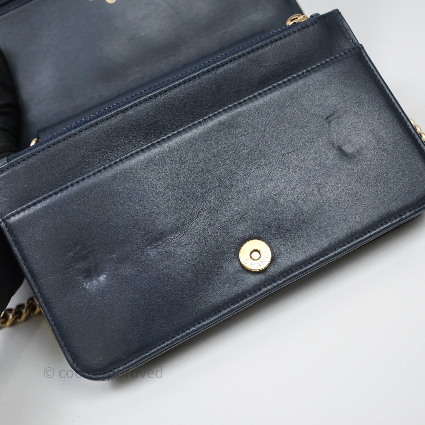 Chanel Boy Wallet on Chain Navy Caviar Light Gold Hardware