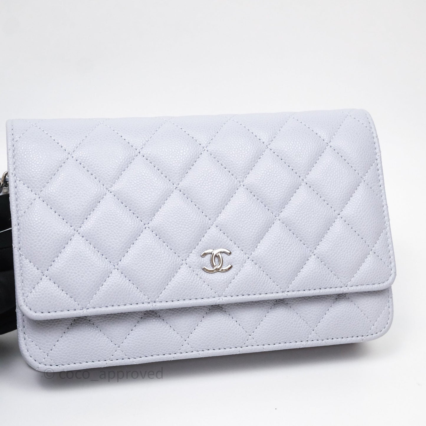 Chanel Quilted Classic Wallet on Chain WOC Light Blue Caviar Silver Hardware