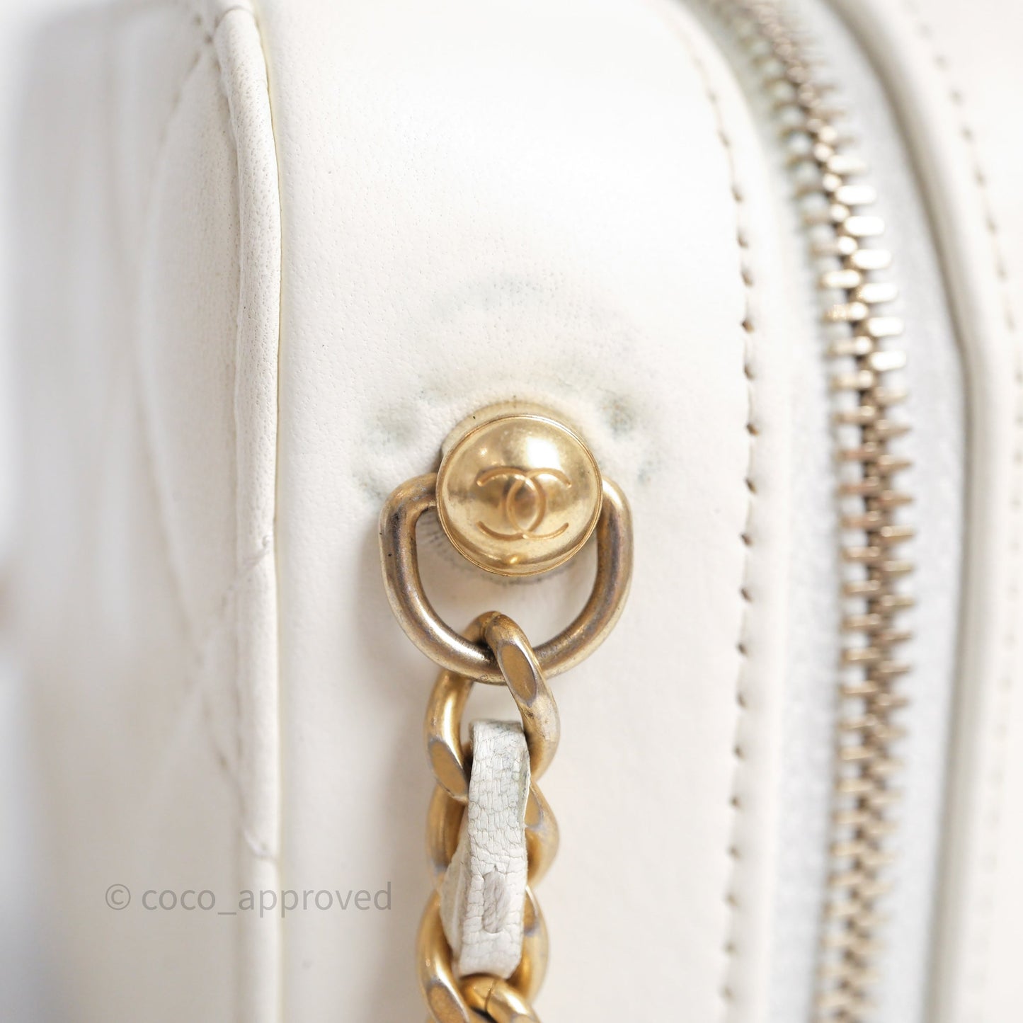 Chanel Quilted CC Pearl Crush Camera Case White Lambskin Gold Hardware