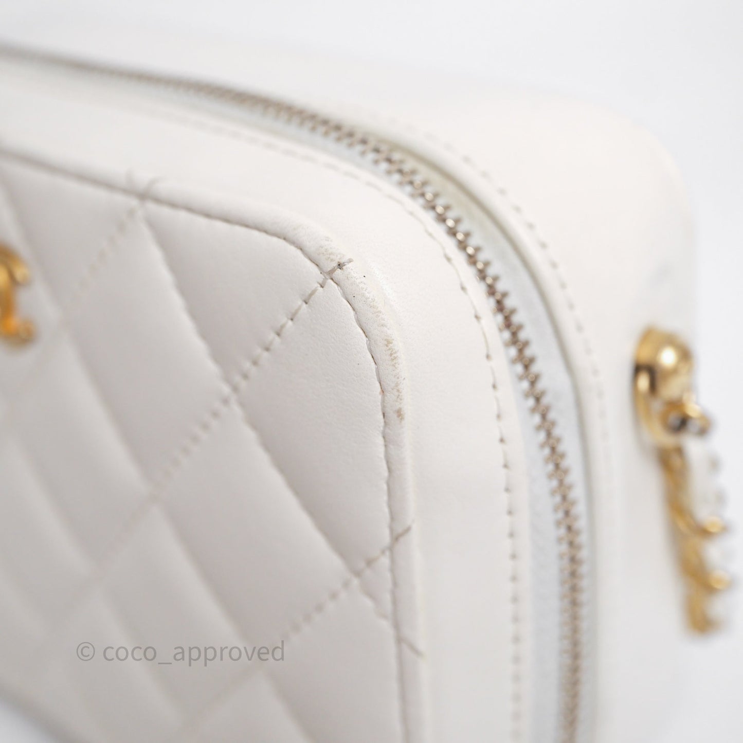 Chanel Quilted CC Pearl Crush Camera Case White Lambskin Gold Hardware