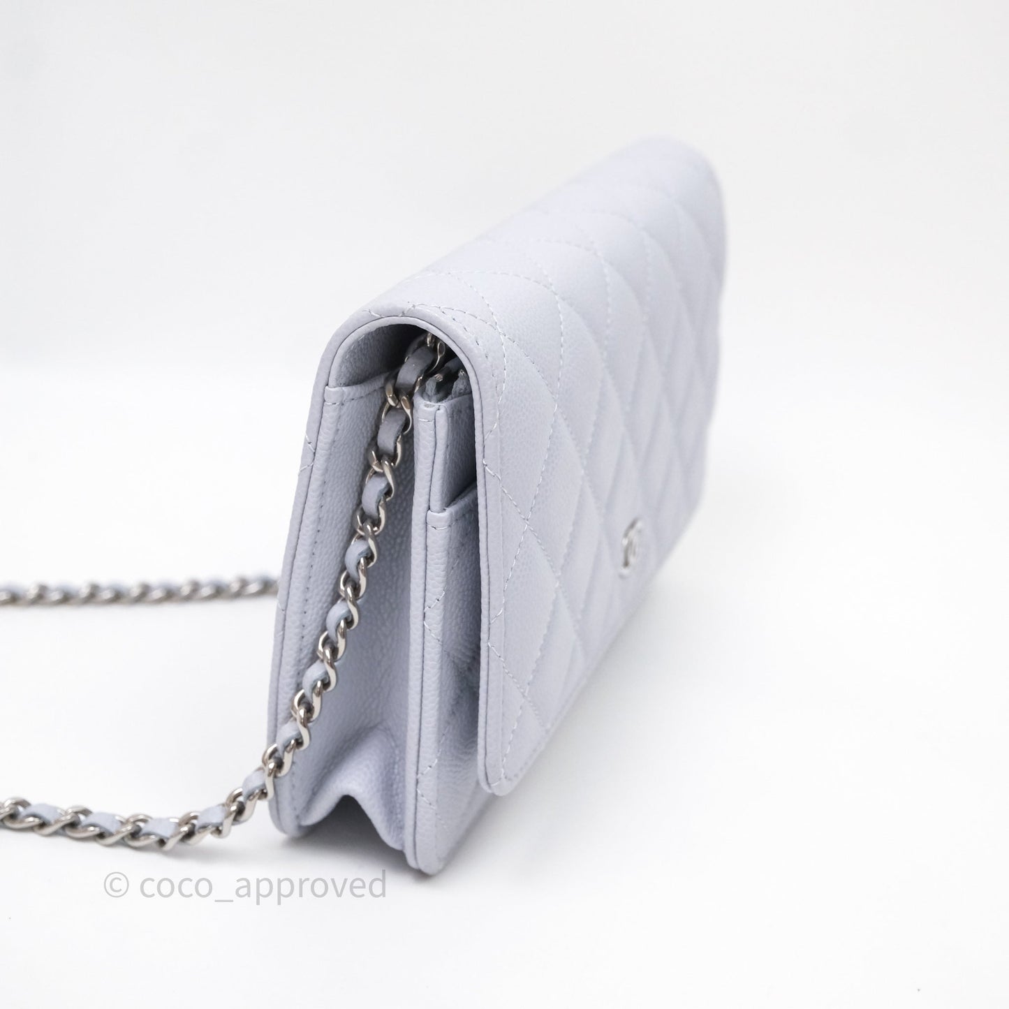 Chanel Quilted Classic Wallet on Chain WOC Light Blue Caviar Silver Hardware