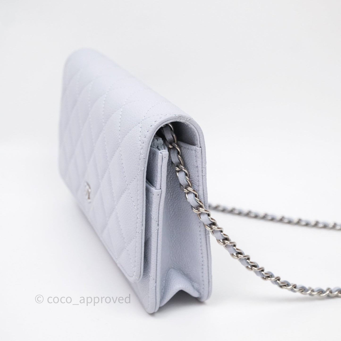 Chanel Quilted Classic Wallet on Chain WOC Light Blue Caviar Silver Hardware