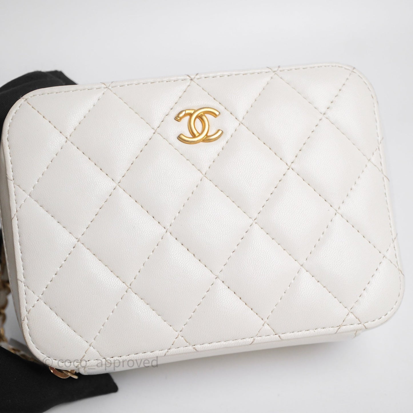 Chanel Quilted CC Pearl Crush Camera Case White Lambskin Gold Hardware
