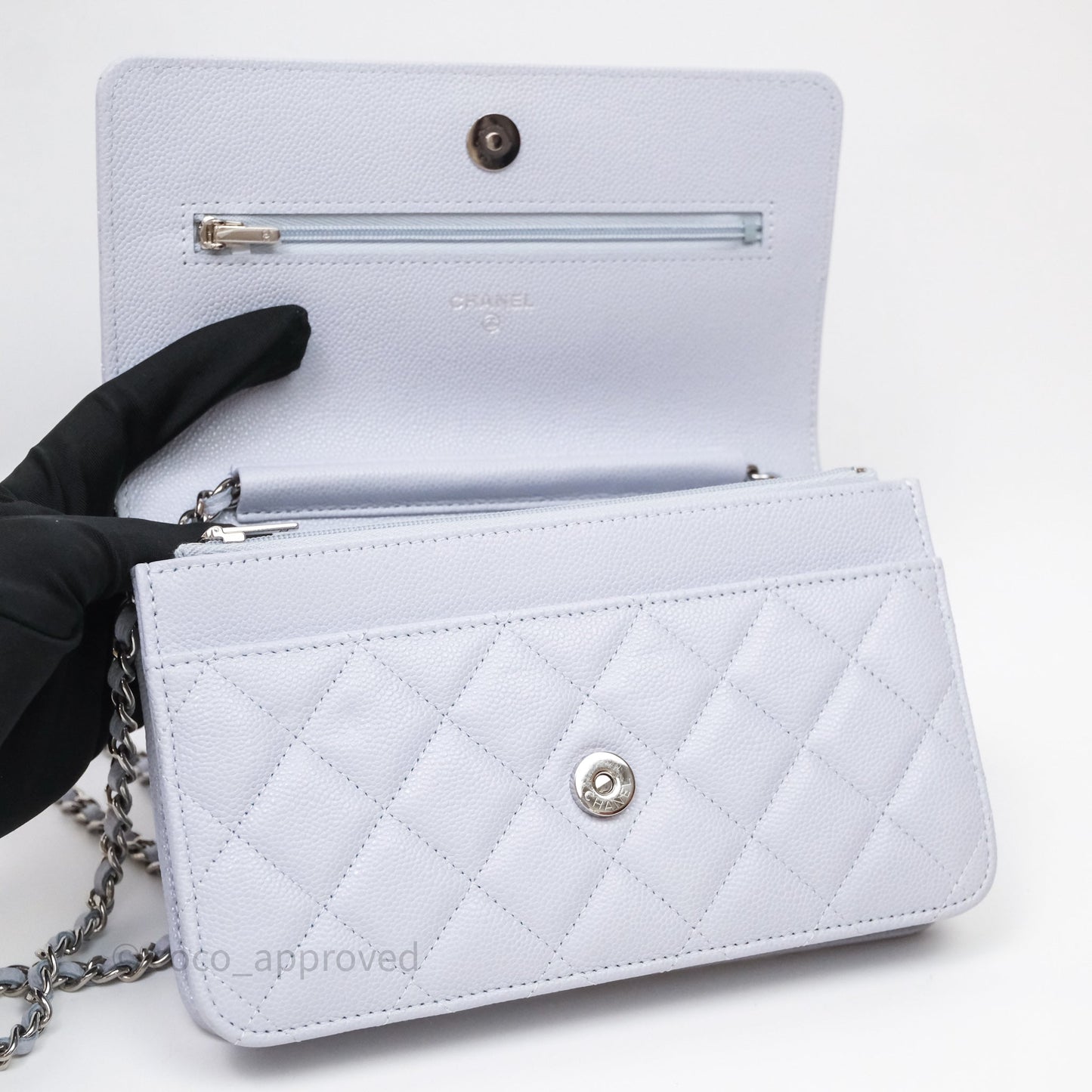 Chanel Quilted Classic Wallet on Chain WOC Light Blue Caviar Silver Hardware