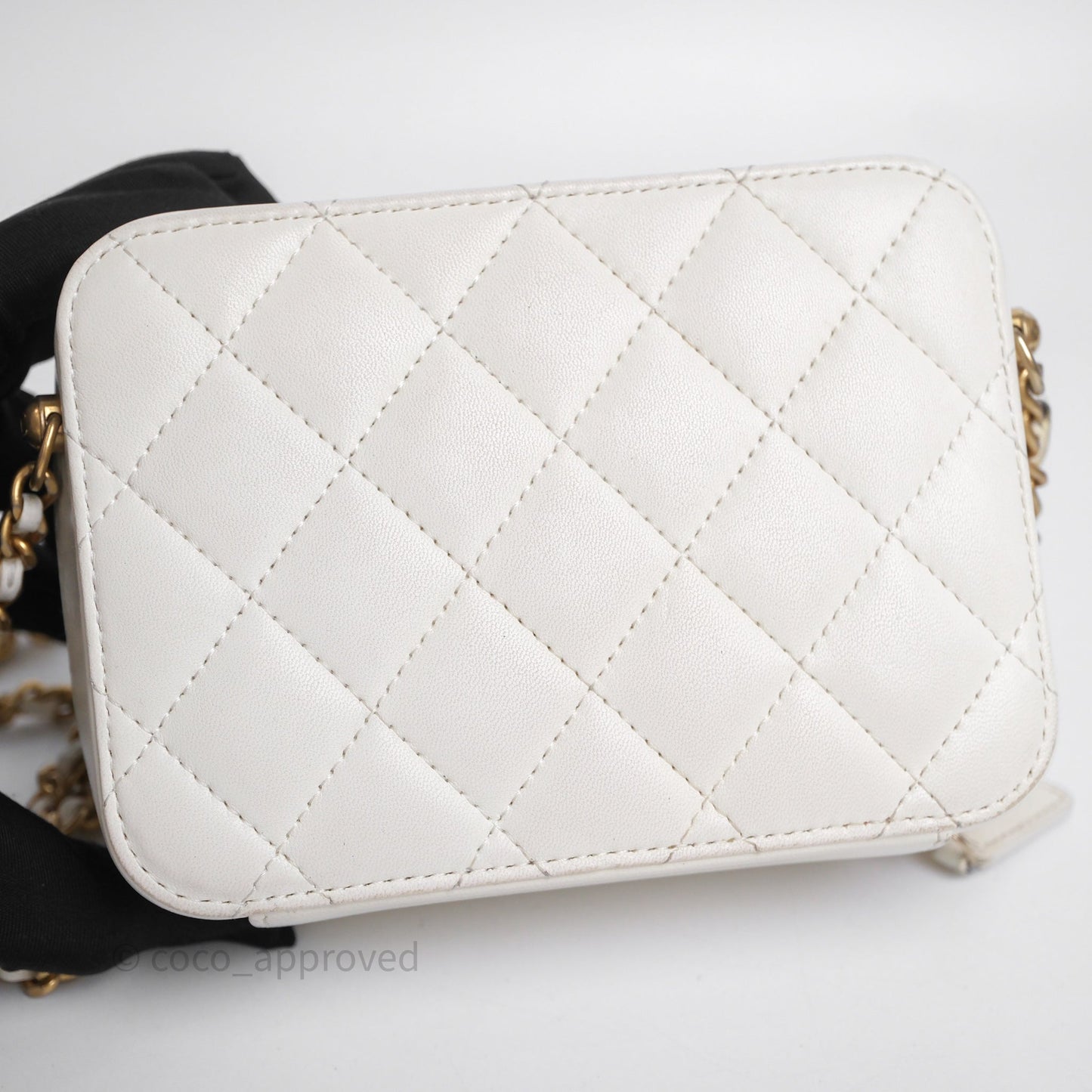 Chanel Quilted CC Pearl Crush Camera Case White Lambskin Gold Hardware